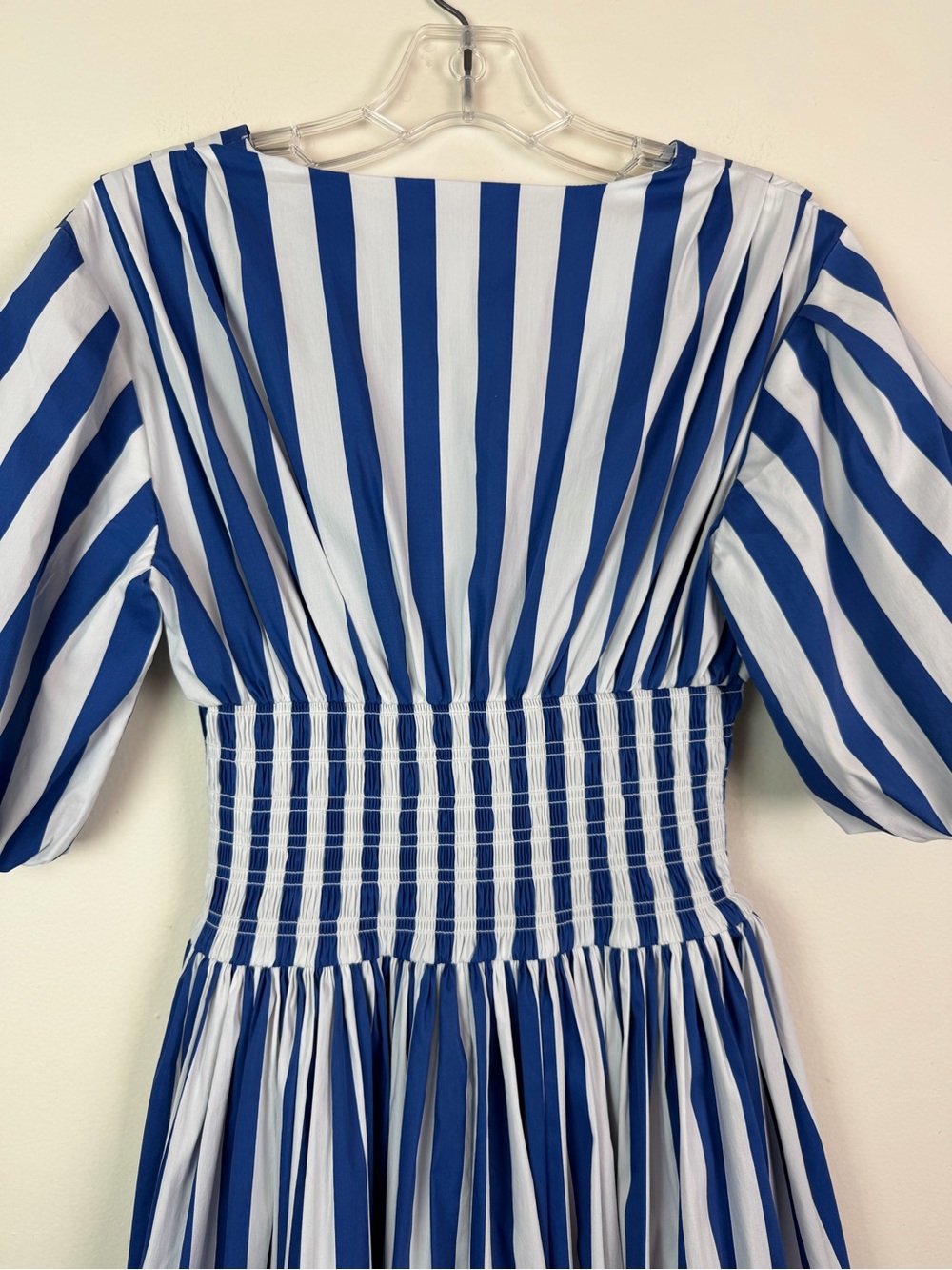 AYR The Extra Extra Puff Sleeve Midi Dress in Marais Blue Regatta Stripe XS - Picture 14 of 16